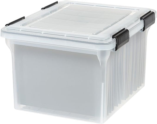IRIS USA File Box WeatherPro File Organizer Plastic File Box for Letter/Legal File, Water Resistant Document Box, Durable Lid, Seal w/ Secure Latching Buckles, Stackable, Nestable, Clear 32 Qt. 1Pack