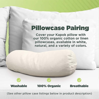 Organic Cotton Neck Roll Pillow with Pillowcase – Organic Kapok Filled Soft Neck Pillow with Hypoallergenic, Breathable Fabric Washable Protector – Supportive for Deep Sleep – Made in USA, 6" x 16"