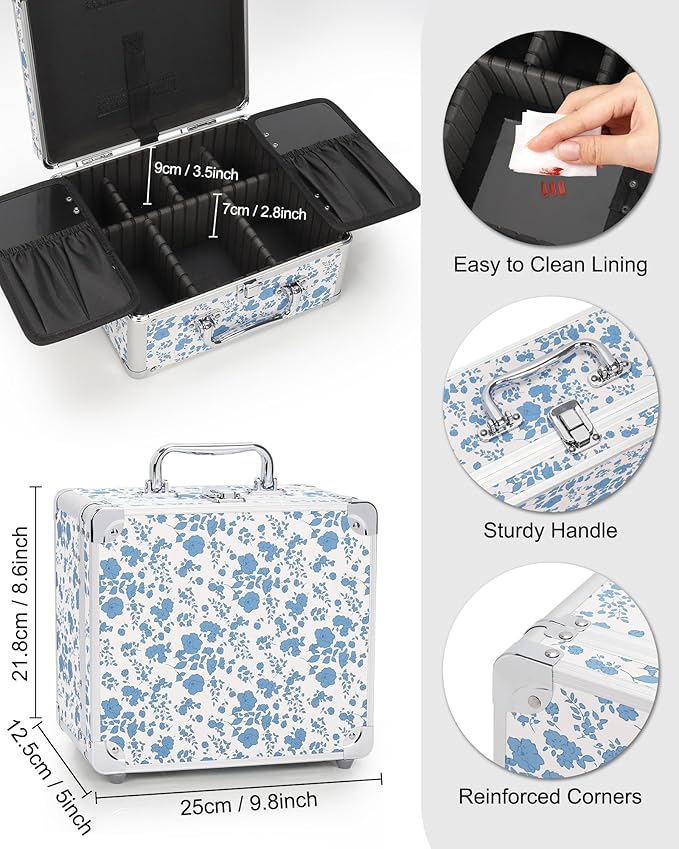 Relavel Makeup Bag with LED Mirror, Makeup Box Travel Train Case with Rechargeable Lighted Mirror, Cosmetic Brush Organizer Storage for Makeup Artists Gifts for Women and Girls, Floral Print