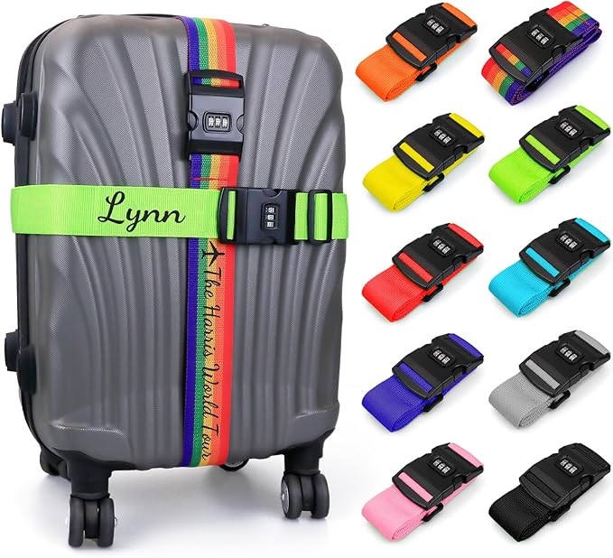 Personalised Luggage Straps with Locks for Suitcases, 2 Pack - Custom Luggage Strap with Name Embroidery, Thick Luggage Belt, Travel Suitcase Identity Straps Stitched, Heavy Duty Lockable Luggage