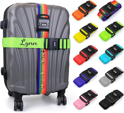 Personalised Luggage Straps with Locks for Suitcases, 2 Pack - Custom Luggage Strap with Name Embroidery, Thick Luggage Belt, Travel Suitcase Identity Straps Stitched, Heavy Duty Lockable Luggage