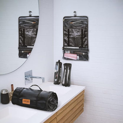 BONNY DODO Toiletry Travel Bag Can Hanging Large Roll-Up Makeup Organizer Bag with 3 Detachable Transparent Mesh Folding Cosmetic Travel Bags for Women & Men Black Toiletries Organizer Bag