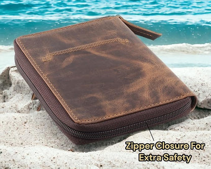 Passport Wallet - Travel Document Holder w/RFID Blocking – Full Grain Leather – Bifold compact zip around Wallet with Credit Card Slots for Women and Men,distressed brown,500-30