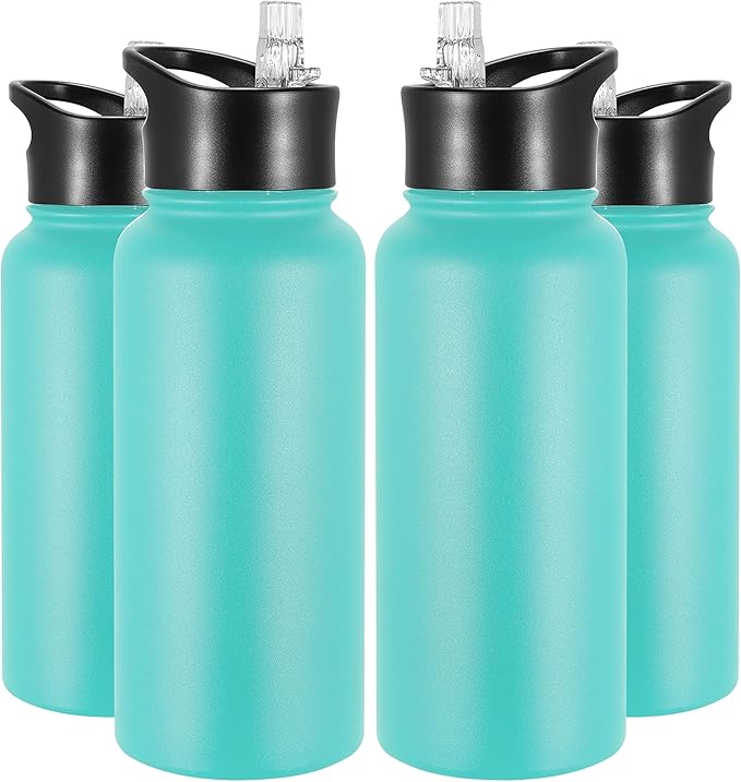 VEGOND 32 oz Insulated Water Bottle Bulk Stainless Steel Metal Water Bottles with Leak Proof Straw Lid & Spout Lid, Wide Mouth Double Walled Vacuum Travel Sports Bottle, 4 Pack