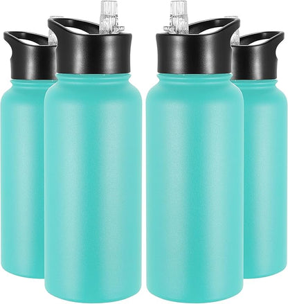VEGOND 32 oz Insulated Water Bottle Bulk Stainless Steel Metal Water Bottles with Leak Proof Straw Lid & Spout Lid, Wide Mouth Double Walled Vacuum Travel Sports Bottle, 4 Pack