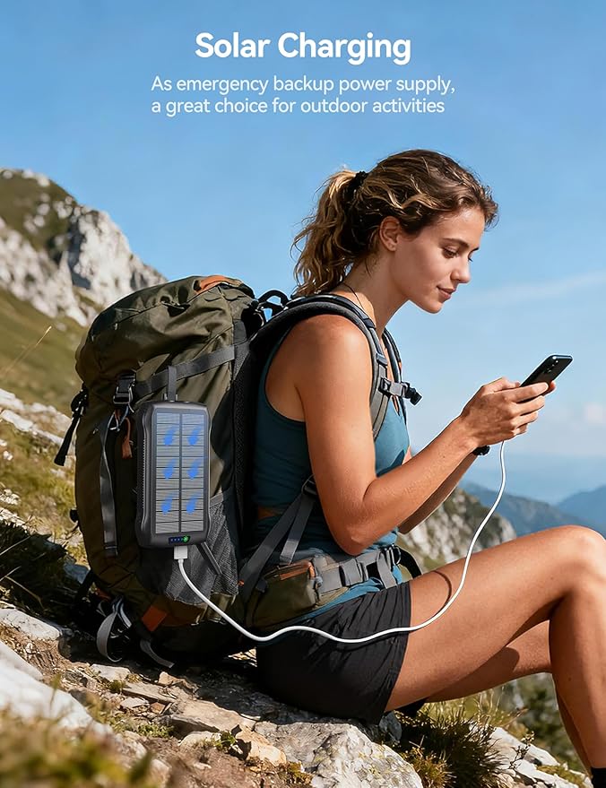 Solar Charger Power Bank, 40000mAh Wireless Portable Charger QC3.0 PD 20W Fast Charging with USB-C in/Output, External Battery Pack with Dual Flashlights Hiking Camping Essential