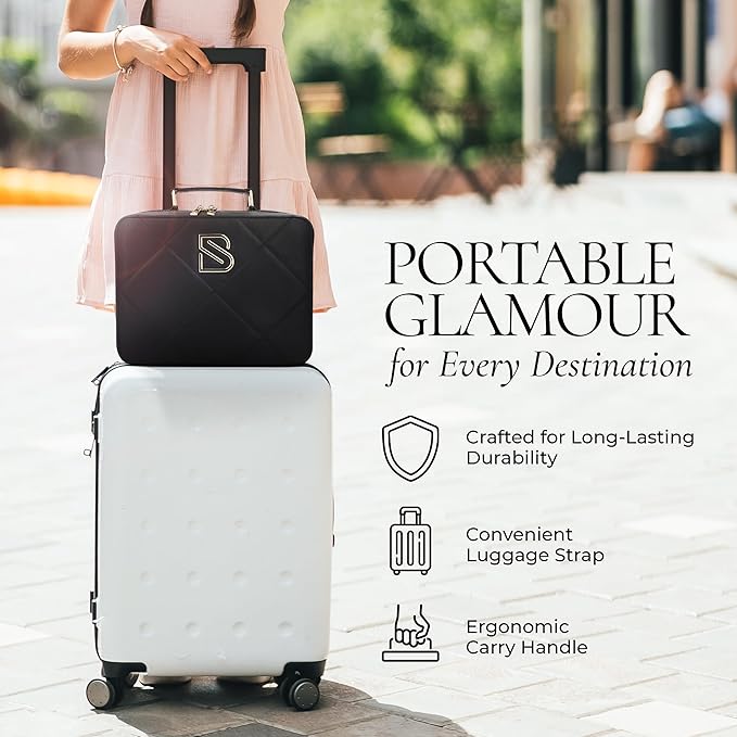 BAREZ Premium PU Leather Makeup Bag With LED Mirror - 3 Brightness Mirror Light Settings - Adjustable Dividers - Removable Mirror Waterproof Cosmetic Travel Bag - A Luxury Gift for Her (Black)