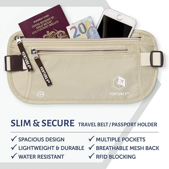 VENTURE 4TH Travel Money Belt - Slim Passport Holder RFID Blocking Travel Pouch to Protect Cash, Credit Cards and Travel Documents (Beige)