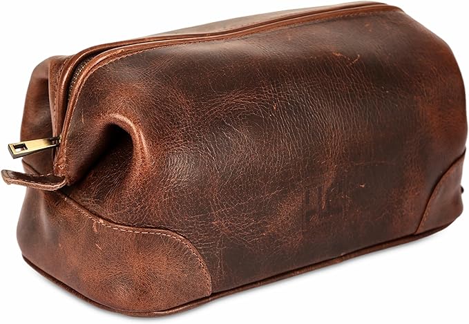 HLC Leather Toiletry Bag for Men Best Gift Premium Genuine Leather Dopp Kit Shaving Kit Organizer Travel Kit Pouch Bag for Men Large Size (Brown)