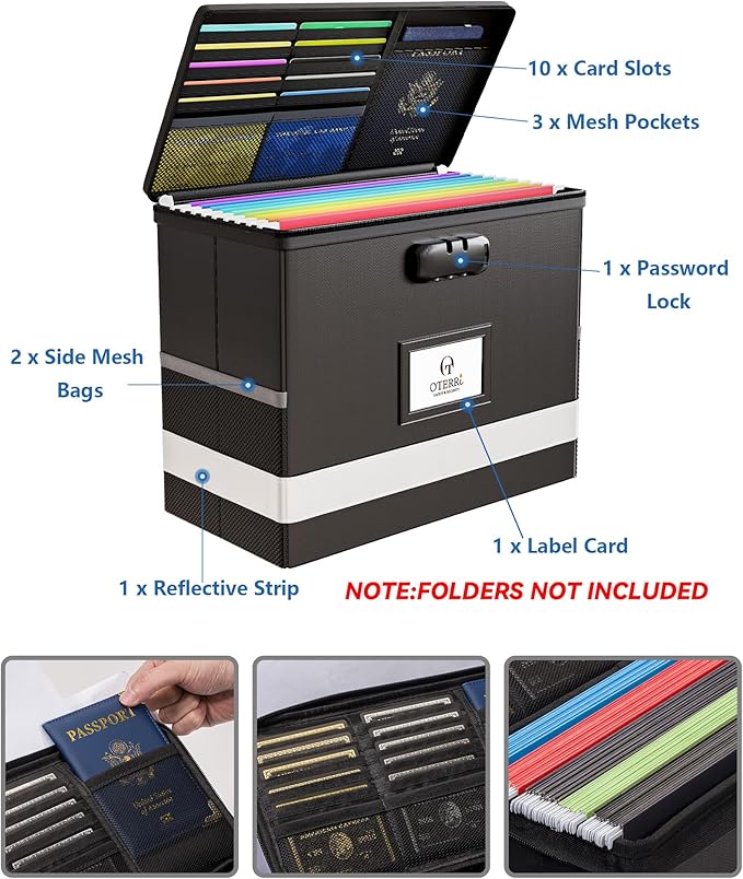 Oterri 1 Pack Fireproof Document Box With Lock, Portable File Safe Box Fireproof Waterproof For Letter Files, Collapsible Fireproof File Box With Handle Black