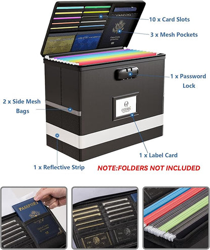 Oterri 1 Pack Fireproof Document Box With Lock, Portable File Safe Box Fireproof Waterproof For Letter Files, Collapsible Fireproof File Box With Handle Black