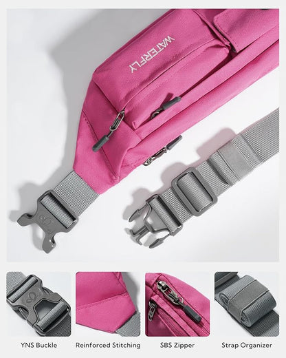 WATERFLY Small Crossbody Fanny Pack: 5 Pocket Slim Lightweight Waist Belt Hip Bag for Women Men Water Resistant Chest Pouch for Travel Hiking Running Walking Fit All Phones - Pink