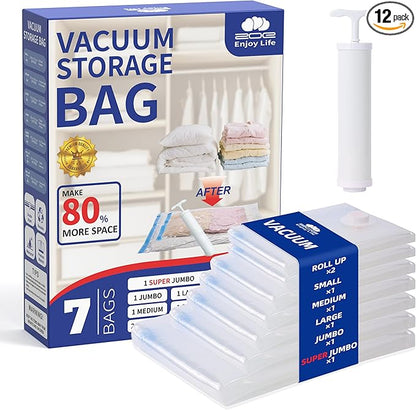 Vacuum Storage Bags for Clothing Travel,7 Pack Vacuum Bags with Pump,Space Saver Bag for Clothes Travel & Home (2 Roll Up Bags,1 Small,1 Medium,1 Large,1 Jumbo,1 Super Jumbo)
