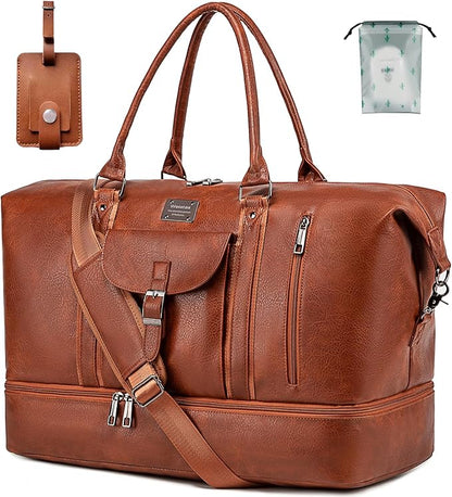 weiatas Faux Leather Travel Duffel Bag for Women Men, Large Weekender Overnight Bag with Shoes Compartment, Waterproof Carry On Bag Travel Tote Bag Gym Bag with Luggage Strap (Brown)