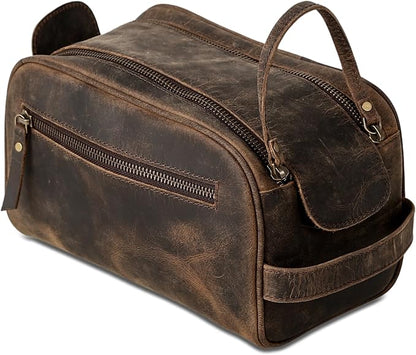 KomalC Leather Toiletry Bag For Men & Women, Handcrafted Buffalo Leather Travel Kit, Water-Resistant Shaving Bag For Men Travel, Premium Rustic Toiletry Pouch with Zipper Closure