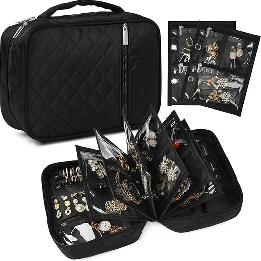 CEELGON Travel Jewelry Case Organizer and Storage Quilted Jewelry Pouch Box for Traveling Ring Necklace Earring Holder with Velvet Jewelry Binder Mini Portable Jewelry Bag (Black)