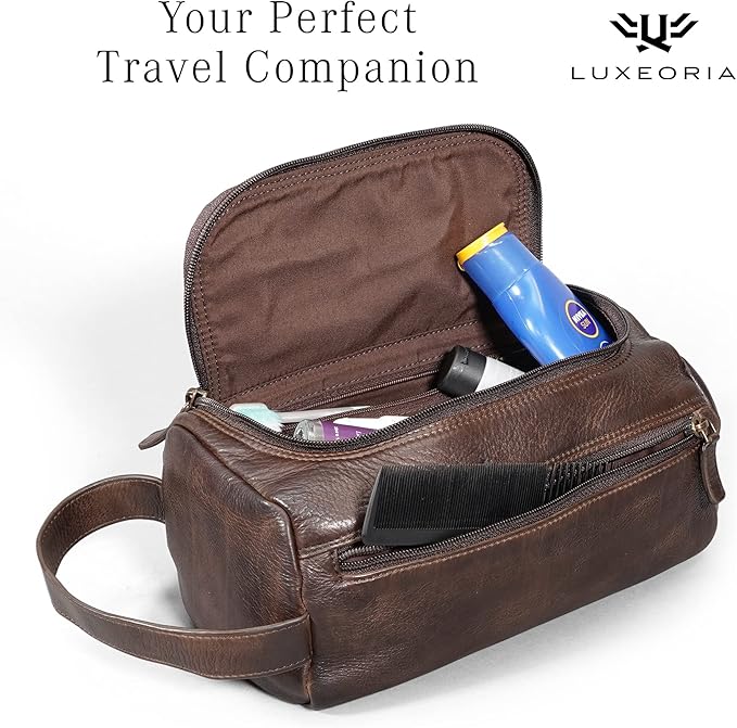 LUXEORIA Genuine Leather Toiletry Bags for Men and Women, Handmade Premium Leather Dopp Kit and Shaving Bag, Cosmetic Bag for Womens and Mens, Travel Essentials & Organizers