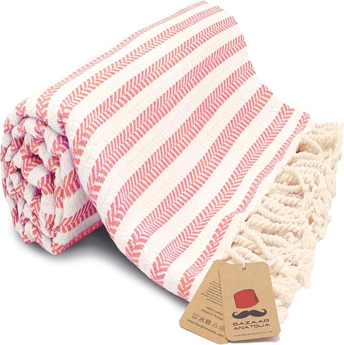 Bazaar Anatolia Turkish Beach Towel – 100% Cotton, Quick Dry, Sand Free Pastel Towel for Bathroom and Camping – Oversized 71x39 Inches – Arpa Coral