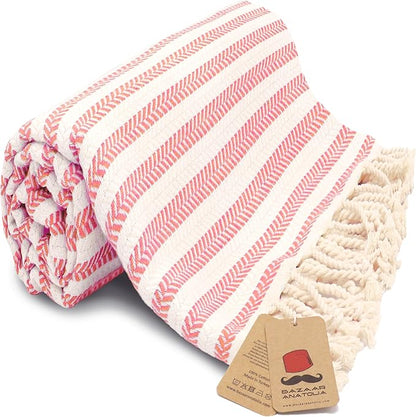 Bazaar Anatolia Turkish Beach Towel – 100% Cotton, Quick Dry, Sand Free Pastel Towel for Bathroom and Camping – Oversized 71x39 Inches – Arpa Coral