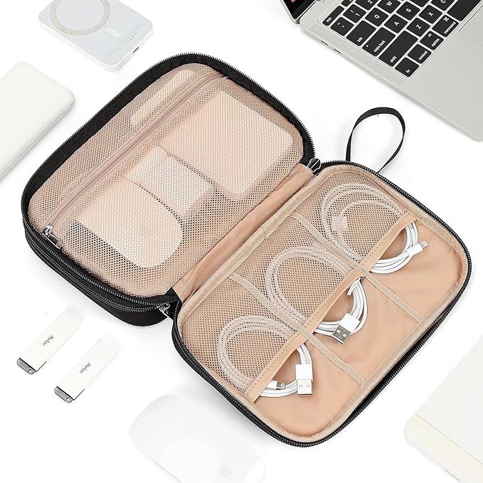 NISHEL Travel Cord Organizer Case, Double Layers Tech Electronic Bag, Essentials for Charger, Cable, Phone, Flash drive, Large, Black