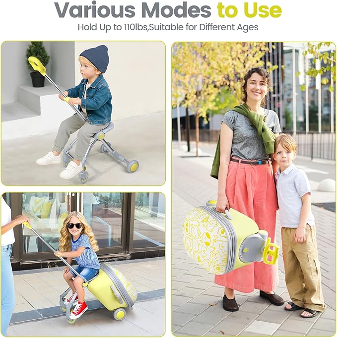 Orzbow 2-In-1 Ride On Luggage, Expandable Ride On Suitcase for Kids with Spinner Wheels, Carry On Luggage with Detachable Seat, Double as Stroller, Safety Guardrail, Help Your Child Relax, Yellow