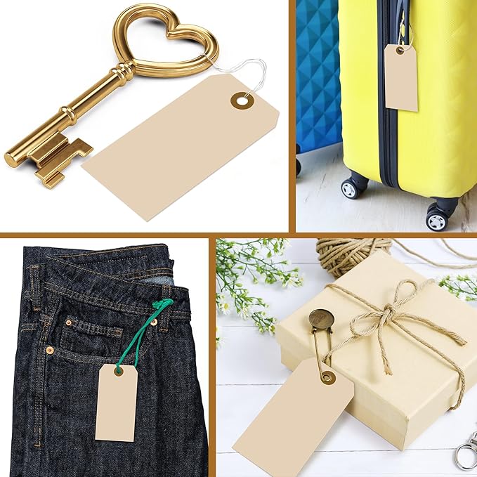 1000 Pcs Blank Manila Shipping Tags with Wire 2 3/4" x 1 3/8" Paper Hang Luggage Asset Gift Label Key Tags (Khaki)