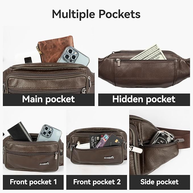 Leather Fanny Pack for Men Women,Genuine Leather Waist Belt Bag with Adjustable Strap Belt Hip Bag with Multi-Pockets for Travel Sports Running Cycling Hiking (brown)