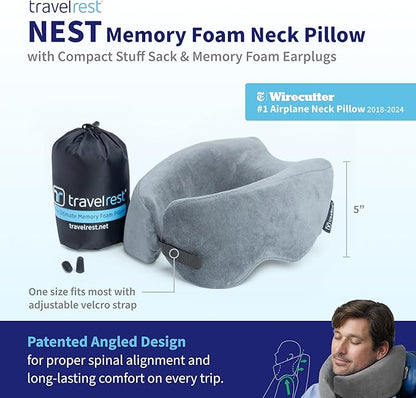 TRAVELREST Nest Neck Pillow Travel Essentials - Memory Foam Pillow and Patented Design, Support for Long Flights, Travel Accessories, Comfortable and Compact, Washable, Attaches to Luggage - Gray