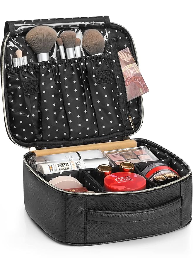 Vlando Medium Makeup Cosmetic Organizer Case Portable Storage Bag with Adjustable Dividers for Makeup Brushes Girls Women Friend Black