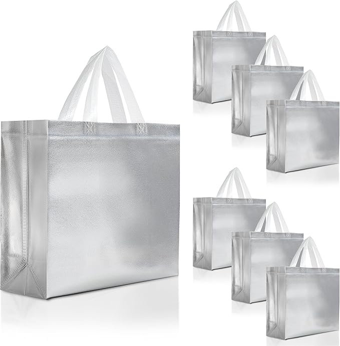 Nush Nush Silver Gift Bags Large Size – Set of 30 Reusable Silver Gift Bags With Handles- Metallic Party Favor Bag In Bulk For Small Business Use In Gifting Events, Christmas, Birthdays - 13Wx5Dx11H