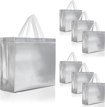 Nush Nush Silver Gift Bags Large Size – Set of 30 Reusable Silver Gift Bags With Handles- Metallic Party Favor Bag In Bulk For Small Business Use In Gifting Events, Christmas, Birthdays - 13Wx5Dx11H