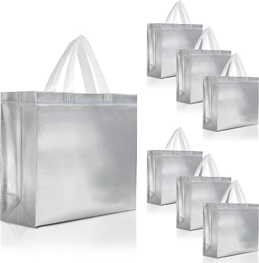 Nush Nush Silver Gift Bags Large Size – Set of 30 Reusable Silver Gift Bags With Handles- Metallic Party Favor Bag In Bulk For Small Business Use In Gifting Events, Christmas, Birthdays - 13Wx5Dx11H