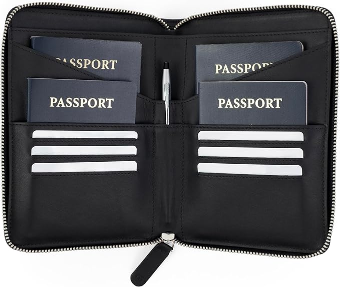 Full Grain Leather Family Passport Holder for 4 Passports - RFID Passport Holder and Travel Document Organizer - Large Leather Travel Wallet for Families - Black