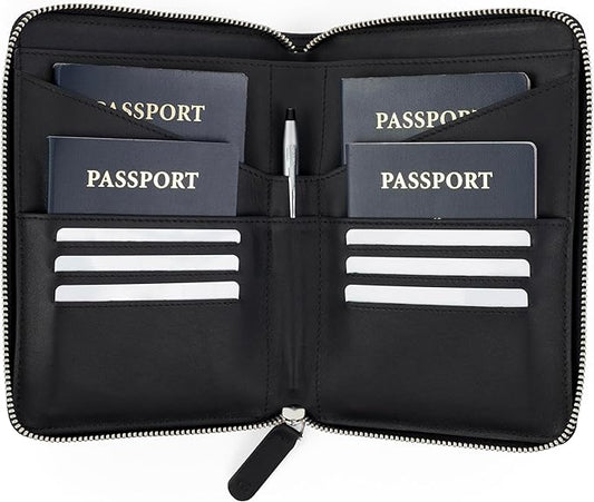 Full Grain Leather Family Passport Holder for 4 Passports - RFID Passport Holder and Travel Document Organizer - Large Leather Travel Wallet for Families - Black