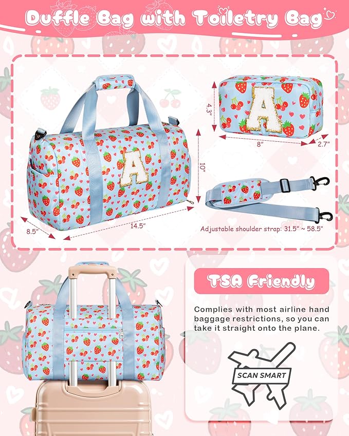 Cute Gifts for Girls, Travel Duffle Bag for Kids, Initial Overnight Sleepover Weekender Bag with Toiletry Pouch, Birthday Christmas Gift Ideas for 4-8, 8-12, 13-16 Year Old Girl, Trendy Stuff