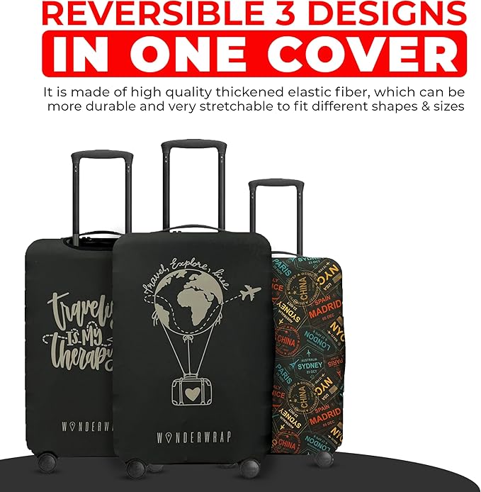 Reversible Luggage Covers & Protectors - Versatile & Washable Luggage & Suitcase Covers | Anti-Scratch Suitcase Cover for Travel (Black Hot Air Balloon, Small (48-53 x 32-36 x 20-24cm))