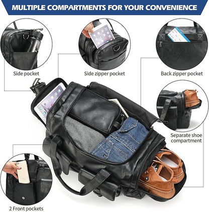 Zeroway PU Leather Travel Duffel Bag with Laundry Bag, Weekender Overnight bag Luggage Carry-On Bag with Shoe Pouch for Men or Women Black
