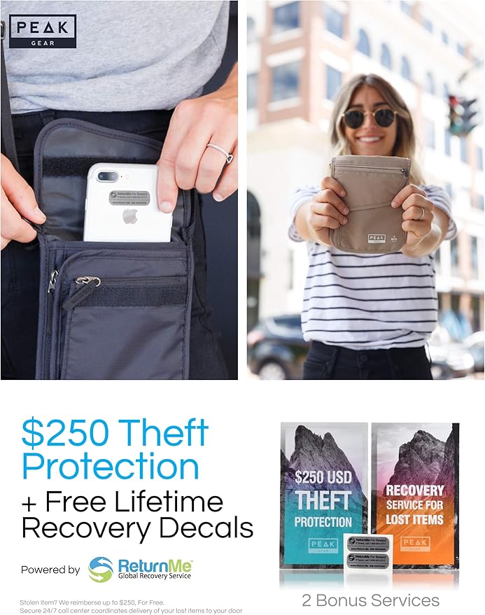 Peak Gear RFID Neck Wallet - The Original Travel Pouch with Adjustable Crossbody Strap + Theft Protection and Lost & Found Service | Beige