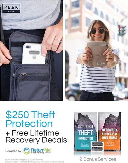 Peak Gear RFID Neck Wallet - The Original Travel Pouch with Adjustable Crossbody Strap + Theft Protection and Lost & Found Service | Beige