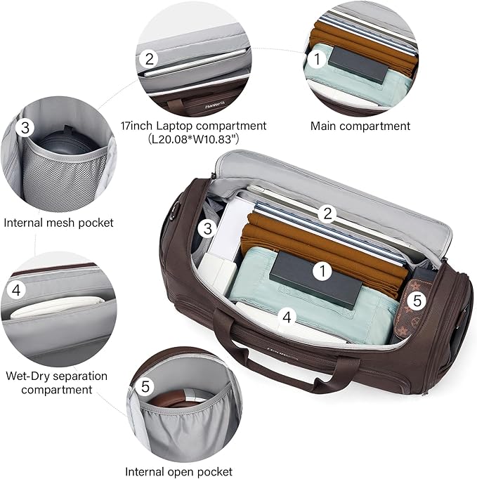 Hanke Carry On luggage Bags for Travel, Large Foldable Duffle Bag for Travel, Softside Lightweight Travel Bag Carry On Bags for Airplanes Women, Travel Tote Bags for Women Men.（Coffee）