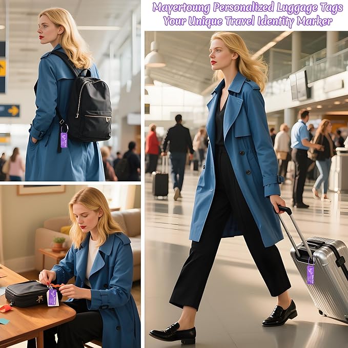 4 PCS Personalized Luggage Tags for Suitcase, Custom Engraved Aluminum Luggage Tags with Your Personalized Text Logo, Metal Name Tags with Steel Loop for Bag, Suitcase, Backpack (Purple, Small)