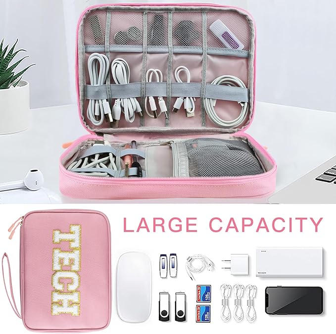 COSHAYSOO Electronics Bag Case Cable Cords Organizer Travel Essentials for Women College Teen Girls Vacation Dorm Accessories Preppy Personalized Gift (Large Pink)