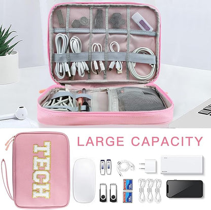 COSHAYSOO Electronics Bag Case Cable Cords Organizer Travel Essentials for Women College Teen Girls Vacation Dorm Accessories Preppy Personalized Gift (Large Pink)