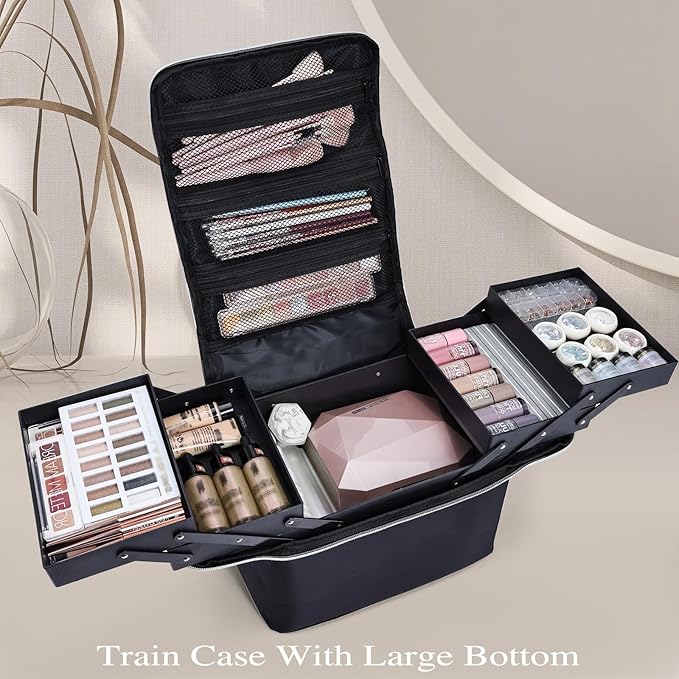 Stagiant Extra Large Makeup Case, Makeup Box Organizer,Travel Nail Bag Carrying Train Case Pro Storage Make up Case with Dividers, 4 Tier Tattoo Bag for Nail Tech/MUA,with Strap and Luggage Sleeve