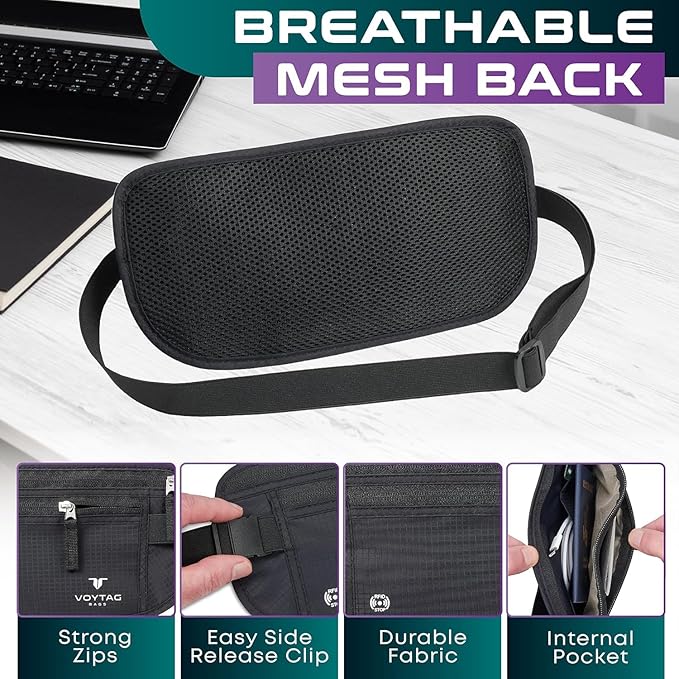 Travel Money Belt & Passport Holder - RFID Blocking Slim Travel Wallet & Fanny Pack for Men and Women - Essential Travel Pouch for Cash, Credit Cards, and Documents (Grey)