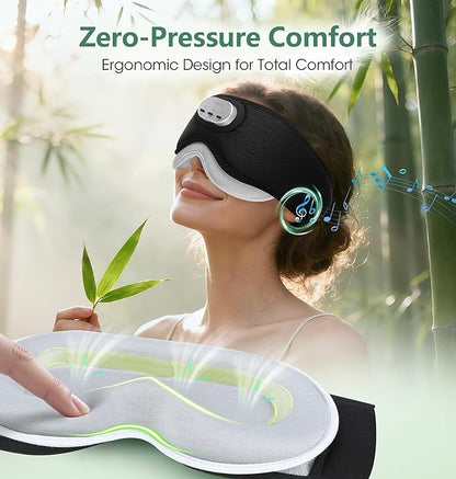LC-dolida Voice Control Bluetooth Sleep Mask, Bamboo Cotton Bluetooth Sleep Headphones with 3D Zero-Pressure Cups and Timer Setting, Total Blackout Sleep Eye Mask for Side Sleepers, Black