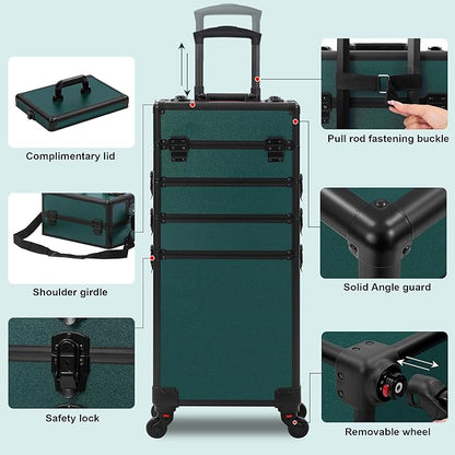 Makeup Train Case, Rolling Makeup Case with Lid, 5 in 1 Cosmetology Case on Wheels, Christmas Gift, Large Makeup Case Organizers, Profesional Cosmetic Case for Salon Barber, Black Green