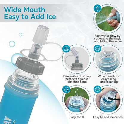 MARCHWAY Soft Hydration Flask with Wide Mouth, 300ml/500ml Collapsible TPU Water Bottle, Leakproof Portable Flexible for Running, Hiking, Cycling, Climbing, Gym, Travel (2pcs Blue-Purple 300ml)