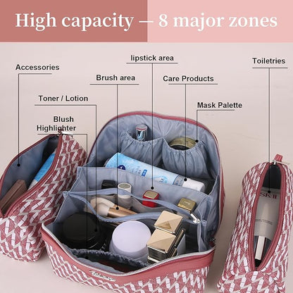 BOYATU Travel Makeup Bags for Women: Large Capacity Cosmetic Bag Set of 3 - Vegan Leather Make up Bags with Compartments - Wide Open Waterproof Toiletry Organizer Bag with Handle (B-03-Red)