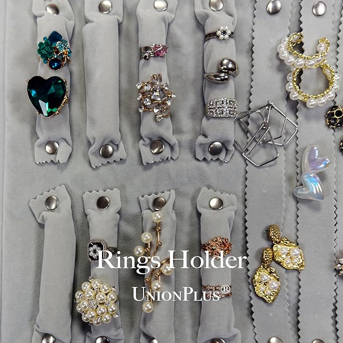 UnionPlus Velvet Travel Jewelry Roll Bag Organizer for Necklaces Bracelets Earrings Rings, Black and Grey